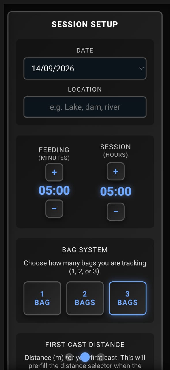 Session setup screen with feeding time, session length and bag system